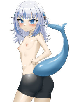 1girl absurdres ass black_pants blue_eyes blue_hair blush fins fish_tail flat_chest gawr_gura hair_ornament highres hololive hololive_english holomyth huge_ass long_hair looking_at_viewer looking_to_the_side multicolored_hair nipples pants rebelium shark_girl shark_hair_ornament shark_tail simple_background tail topless_female twintails two-tone_hair undressing virtual_youtuber white_background white_hair