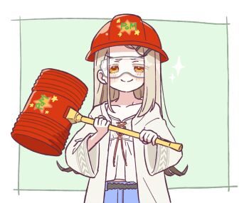 1girl blonde_hair blue_shorts blush_stickers camisole gakuen_idolmaster green_background hard_hat hat helmet holding holding_toy idolmaster jacket long_hair open_clothes open_jacket red_hat safety_glasses sault93726525 shinosawa_hiro shorts smile smug solo sparkle toy toy_hammer upper_body v-shaped_eyebrows white_camisole yellow_eyes