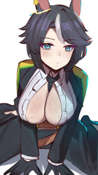 Rule 34 | 1girl, absurdres, ahoge, animal ears, black hair, black necktie, blue eyes, blush, breasts, center frills, center opening, ear ornament, ear piercing, frilled shirt, frills, fuji kiseki (shooting star revue) (umamusume), fuji kiseki (umamusume), gloves, hair between eyes, highres, horse ears, horse girl, horse tail, iog626, long sleeves, looking at viewer, multicolored hair, necktie, piercing, shirt, short hair, solo, tail, umamusume, underbust, white hair