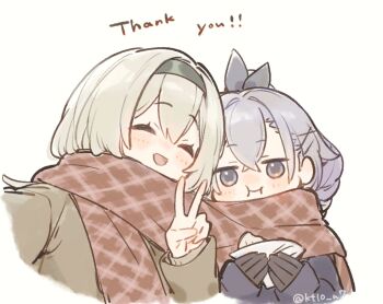 2girls :i ^_^ black_jacket blonde_hair brown_jacket closed_eyes drill_hair eating firefly_(honkai:_star_rail) food grey_eyes grey_hair holding holding_food honkai:_star_rail honkai_(series) jacket long_hair multiple_girls open_mouth red_scarf scarf shared_clothes shared_scarf silver_wolf_(honkai:_star_rail) smile steamed_bun thank_you v xeitlfrycz64403 yuri