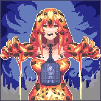 1girl 1other birdcage cage commentary dress duel_monster fangs hands_up in_cage iunelim lava lava_golem_(yu-gi-oh!) looking_at_viewer material_growth open_mouth orange_dress orange_hair personification pixel_art solo_focus teeth upper_body yellow_eyes yu-gi-oh!