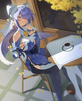 1girl absurdres bare_shoulders blue_dress chair cup dress gloves grey_hair highres long_hair purple_eyes sitting smile solo table tea teacup uzu_(malese0202) velina_airgid zenless_zone_zero