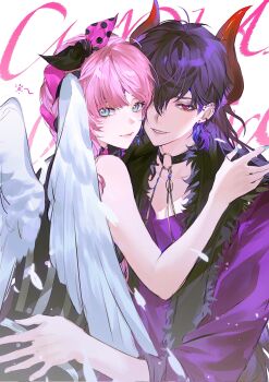 Rule 34 | 1boy, 1girl, allan melville, angel, angel wings, blue eyes, braid, choker, cupid parasite, demon boy, demon horns, ear piercing, earrings, eyeshadow, hetero, highres, horns, hug, jewelry, looking at viewer, lynette mirror, makeup, miko 66, piercing, pink hair, polka dot, purple hair, purple shirt, red horns, shirt, simple background, sleeveless, wings