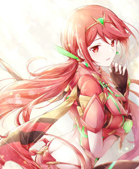 1girl alternate_hair_length alternate_hairstyle ass backless_outfit black_gloves butt_crack commentary_request core_crystal_(xenoblade) earrings fingerless_gloves floating_earrings floating_hair g-string gloves highres impossible_clothes jewelry long_hair looking_at_viewer micro_shorts ponytail pyra_(xenoblade) red_eyes red_hair shorts skindentation solo suspenders swept_bangs thong tiara ui_frara white_background xenoblade_chronicles_(series) xenoblade_chronicles_2