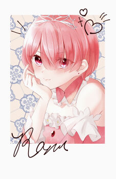 1girl absurdres bare_shoulders blush border character_name closed_mouth detached_collar detached_sleeves dress earrings eyes_visible_through_hair frilled_dress frilled_sleeves frills hair_between_eyes hair_over_one_eye hand_on_own_cheek hand_on_own_face hand_up heart highres jewelry long_bangs looking_at_viewer outside_border pink_dress pink_eyes pink_hair rain_re_a ram_(re:zero) re:zero_kara_hajimeru_isekai_seikatsu red_eyes short_hair solo stud_earrings tiara upper_body white_border