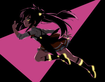 1girl absurdres black_hair boots full_body fuu_(koneko_no_yomeiri) highres idolmaster idolmaster_cinderella_girls long_hair looking_at_viewer matoba_risa running sideways_glance skirt smile solo twintails yellow_eyes