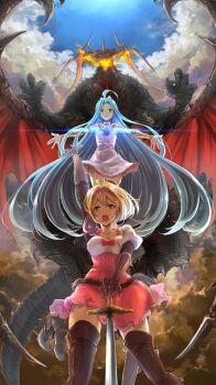 2girls absurdly_long_hair ahoge arm_up bahamut_(shingeki_no_bahamut) blonde_hair blue_hair breath_weapon breathing_fire crossover djeeta_(granblue_fantasy) dragon dress fire granblue_fantasy green_eyes highres long_hair lyria_(granblue_fantasy) malbatrossr multiple_girls orange_eyes outstretched_arms shingeki_no_bahamut summoning sword thighhighs very_long_hair weapon