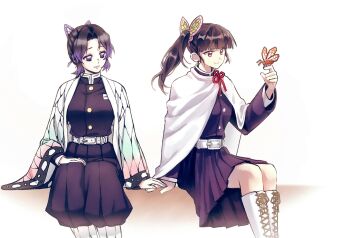 2girls animal_print arm_support belt black_hair black_skirt blunt_bangs boots breasts bug butterfly butterfly_hair_ornament butterfly_on_hand butterfly_print butterfly_print_haori cape closed_mouth demon_slayer_uniform feet_out_of_frame hair_ornament hand_up haori hashtag-only_commentary highres holding_hands insect japanese_clothes kimetsu_no_yaiba kochou_shinobu long_hair long_sleeves looking_at_another multiple_girls orange_butterfly parted_bangs pink_eyes print_haori purple_eyes purple_streaks short_hair siblings side_ponytail simple_background sisters sitting skirt small_breasts smile ssakduk tsuyuri_kanao white_background white_belt white_boots white_cape