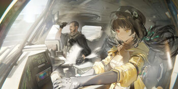 Rule 34 | 1boy, 1girl, artist collaboration, artist request, beard, black gloves, black hair, dalanxia, dashboard, driving, facial hair, game cg, girls' frontline, girls' frontline 2: exilium, gloves, hat, highres, jacket, official art, red eyes, ro635 (girls' frontline), robella (girls' frontline 2), serious, yellow eyes, yellow jacket