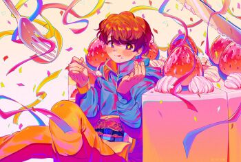 +_+ 1boy blue_hoodie cake commentary_request confetti eating food food_on_face fork fruit henshin_belt_gavv highres holding holding_fork hood hoodie inoue_shouma kamen_rider kamen_rider_gavv_(series) korean_commentary male_focus max_(2n4_6h8) orange_pants pants purple_eyes short_hair sitting solo stomach_mouth strawberry tokusatsu white_background yellow_trim