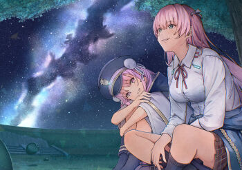 2girls :d aikawa_megumi amayomiyu aurora black_hat black_socks breasts bright_pupils clothes_around_waist collared_shirt commentary_request double_bun dress_shirt feet_out_of_frame film_grain green_eyes grin hair_between_eyes hair_bun hair_ribbon hat heaven_burns_red highres hugging_own_legs indian_style jacket jacket_around_waist kneehighs knees_up kunimi_tama large_breasts leaning_forward long_hair long_sleeves looking_afar looking_at_another military_hat multiple_girls neck_ribbon night open_mouth outdoors peaked_cap pink_eyes pink_hair red_ribbon ribbon shirt sitting sky smile socks star_(sky) starry_sky straight_hair tears tree tsurime two_side_up white_ribbon white_shirt