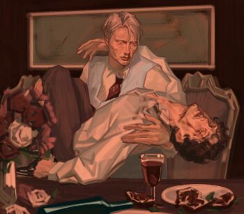 Rule 34 | 2boys, absurdres, black hair, blonde hair, blood, blood on face, carrying, cup, drinking glass, golden hour, hannibal (tv series), hannibal lecter, highres, looking at another, multiple boys, princess carry, raw meat, sunnnliwx, unconscious, will graham, wine glass