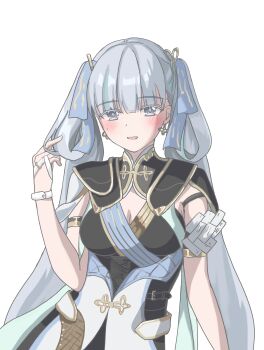 Rule 34 | 1girl, absurdres, black dress, blush, breasts, cleavage, coat, colored eyelashes, commentary request, dress, grey eyes, hair rings, highres, jinhsi (wuthering waves), long hair, looking at viewer, medium breasts, mole, mole on cheek, open mouth, simple background, smile, solo, twintails, upper body, white background, white coat, white eyes, wuthering waves, xiao mu ke