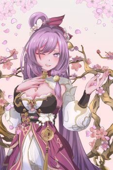 1girl ;o absurdres bell branch breasts cherry_blossoms cleavage commentary_request diamond-shaped_pupils diamond_(shape) dress elf elysia_(herrscher_of_human:_ego)_(honkai_impact) elysia_(honkai_impact) elysia_(peachy_spring)_(honkai_impact) erasumo3821 flower hair_bell hair_flower hair_ornament highres honkai_(series) honkai_impact_3rd large_breasts long_hair new_year official_alternate_costume one_eye_closed pink_hair pointy_ears purple_eyes red_dress shrug_(clothing) solo symbol-shaped_pupils teeth textless_version upper_teeth_only very_long_hair