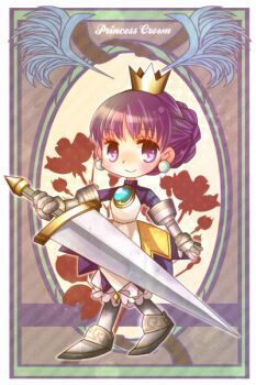 1girl armor armored_dress atlus bad_id bad_pixiv_id bloomers boots braid copyright_name crown dress earrings female_focus gold_crown gradriel gradriel_de_valendia greaves hiyopuko jewelry knee_boots knight princess_crown purple_eyes purple_hair short_hair smile solo sword underwear weapon white_bloomers