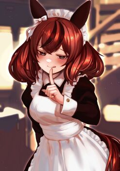 1girl absurdres alternate_costume animal_ears apron black_dress blush bow breasts brown_eyes brown_hair closed_mouth commentary_request dress ear_bow ear_covers finger_to_mouth highres horse_ears horse_girl horse_tail hoshikuzu_kizuna_(kizuna_stardust) long_sleeves looking_at_viewer maid maid_apron maid_headdress medium_breasts medium_hair multicolored_hair nice_nature_(umamusume) smile solo streaked_hair tail tongue tongue_out twintails umamusume white_apron white_bow white_headdress