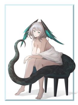 1girl absurdres aqua_eyes arknights barefoot black_tail breasts cleavage feet full_body grey_hair hand_up head_wings highres ho&#039;olheyak_(arknights) large_breasts leaning leaning_forward looking_at_viewer medium_hair naked_shirt parted_lips shirt simple_background sitting smile solo tail toes vincentime white_background white_shirt wings