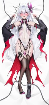 1boy absurdres asymmetrical_footwear asymmetrical_legwear black_thighhighs blush chain chained chastity_cage ear_piercing elbow_gloves full_body garter_straps gins_hanee gloves highres long_hair lying mole mole_under_eye nub_chastity_cage on_back on_bed original piercing pointy_ears red_eyes restrained sex_toy small_chastity_cage sounding thighhighs tongue tongue_out tongue_piercing trap urethral_insertion very_long_hair vibrator vibrator_in_thighhighs white_hair