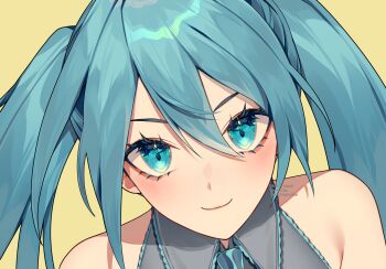 Rule 34 | 1girl, 4ckerly, aqua eyes, aqua hair, aqua necktie, bare shoulders, blue eyes, blue hair, blush, detached sleeves, grey shirt, hair between eyes, hatsune miku, highres, long hair, looking at viewer, necktie, shirt, simple background, sleeveless, sleeveless shirt, smile, solo, twintails, very long hair, vocaloid