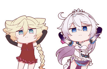 2girls ahoge bare_shoulders black_gloves blonde_hair blue_eyes character_request chibi dancing dress elbow_gloves freaky_satono_diamond_(meme) gloves honkai_(series) honkai_impact_3rd kiana_kaslana kiana_kaslana_(herrscher_of_finality) long_braid meme multicolored_hair multiple_girls nabeiro_kin purple_hair purple_hands red_dress simple_background two-tone_hair white_background white_dress