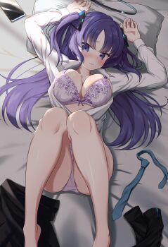 Rule 34 | 1girl, absurdres, arms up, ass, bare legs, barefoot, bed sheet, blue archive, blush, bra, breasts, cellphone, collarbone, commentary, dress shirt, furrowed brow, hair spread out, halo, highres, indoors, large breasts, legs up, long hair, looking at viewer, lying, necktie, on back, open clothes, open shirt, panda 90321, panties, phone, pillow, pink bra, pink panties, purple eyes, purple hair, shirt, skirt, smartphone, socks, solo, two side up, underwear, unworn necktie, unworn skirt, unworn socks, very long hair, white shirt, yuuka (blue archive)