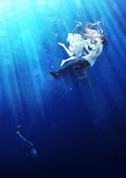 Rule 34 | 1boy, 1girl, air bubble, atri, atri-my dear moments-, black hair, black pants, black shoes, blue sailor collar, brown hair, bubble, dress, floating hair, highres, ikaruga natsuki, jako (jakoo21), key visual, kiss, long hair, long sleeves, official art, pants, promotional art, prosthesis, prosthetic leg, sailor collar, sailor dress, shirt, shoes, textless version, two side up, underwater, very long hair, water, white dress, white shirt