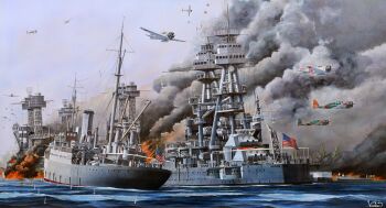 Rule 34 | 6+boys, a6m zero, absurdres, american flag, b5n, battleship, commentary request, d3a, fire, hawaii, highres, historical american flag, historical event, imperial japanese navy, mast, military, military uniform, military vehicle, multiple boys, naval uniform, naval working uniform, ocean, original, outdoors, pearl harbor, roundel, ship, signature, smoke, smokestack, united states navy, uss arizona (bb-39), uss tennessee (bb-43), uss vestal (ar-4), uss west virginia (bb-48), vortex (xu xuanwo), warship, watercraft, wharf, world war ii