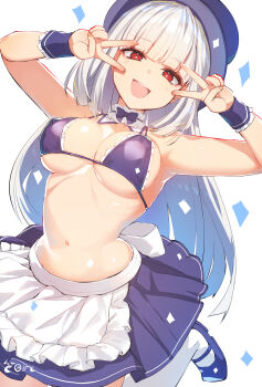 1girl :d adapted_costume apron armpits arms_up bare_shoulders bikini bikini_top_only blue_bikini blue_bow blue_hat blue_shoes blue_skirt bow breasts capcom_fighting_jam commentary_request double_v hat highres ingrid_(capcom) ingrid_(midnight_bliss)_(capcom) long_hair looking_at_viewer medium_breasts meth_(emethmeth) midnight_bliss miniskirt navel open_mouth red_eyes ribs shoes skirt smile solo swimsuit teeth thighhighs top_hat upper_teeth_only v waist_apron white_apron white_background white_bow white_hair white_thighhighs wrist_cuffs