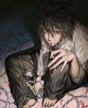 1boy barefoot black_hair black_pants cellphone character_name commentary corrupted_twitter_file death_note flip_phone from_above hand_on_own_knee highres holding holding_phone knees_up l_(death_note) looking_at_viewer male_focus on_floor pants phone red_eyes shirt short_hair sitting solo terrieet98866 white_shirt wrist_cuffs