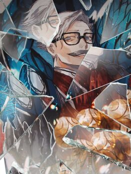 1boy app_filter ascot blue_butterfly bug butterfly commentary_request facial_hair fate/grand_order fate_(series) glasses grey_hair highres insect james_moriarty_(archer)_(fate) light_particles looking_at_viewer male_focus mature_male mustache old old_man ou_syoku7 parted_lips red_ascot solo upper_body