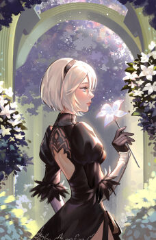 1girl 2b_(nier:automata) back_cutout black_dress black_gloves black_hair black_hairband blue_eyes bob_cut breasts clothing_cutout commentary courtyard cowboy_shot dress english_commentary feather_trim flower garden gloves hair_between_eyes hairband high_collar highres holding holding_flower looking_to_the_side medium_breasts nier:automata nier_(series) no_blindfold parted_lips profile revision side_slit solo white_hair yubuki_i