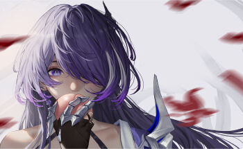 1girl absurdres acheron_(honkai:_star_rail) black_gloves bone coat detached_sleeves earrings eating falling_petals food fruit gloves goldenfish hair_over_one_eye highres holding holding_food holding_fruit honkai:_star_rail honkai_(series) jewelry long_hair multicolored_hair peach petals purple_eyes purple_hair single_bare_shoulder single_earring skeleton solo streaked_hair white_coat