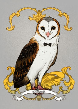 animal barn_owl bird black_bow black_bowtie bow bowtie commentary_request full_body grey_background looking_at_viewer nagabe no_humans original owl standing