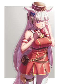 1girl animal_ears armband bare_shoulders belt belt_pouch blunt_bangs blush bow bowtie breasts brown_belt brown_hat closed_mouth commentary_request creape dress ear_bow ear_ribbon gloves gold_ship_(red_strife)_(umamusume) gold_ship_(umamusume) grey_hair hat highres horse_ears horse_girl horse_tail large_breasts leggings long_hair looking_at_viewer one_eye_closed pantyhose pillbox_hat pouch purple_bow purple_eyes red_bow red_bowtie red_dress sleeveless sleeveless_dress solo striped_armband striped_clothes tail thigh_strap umamusume white_gloves white_leggings white_pantyhose
