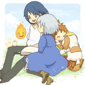 00s 1girl 2boys black_hair black_pants boots bow bowtie brown_hair calcifer child copyright_name couple dog dress fire grey_hair heen howl howl_no_ugoku_shiro markl multiple_boys pants prince_justin short_hair sophie studio_ghibli witch_of_the_waste yukke