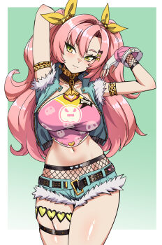 Rule 34 | 1girl, arm warmers, armlet, arms up, blue shorts, border, breasts, closed mouth, collarbone, commentary, cowboy shot, cutoffs, denim, denim vest, english commentary, fingerless gloves, fishnet arm warmers, fishnet shorts, fishnet sleeves, fishnets, fur-trimmed vest, fur trim, ghost print, gloves, gold collar, green background, green eyes, highres, jewelry, large breasts, long hair, looking to the side, micro shorts, midriff, mole, mole under eye, navel, nicole demara, nicole demara (cunning cutie), official alternate costume, pink arm warmers, pink hair, pink tube top, ribbon, shorts, skindentation, solo, strapless, thigh strap, tube top, vest, white border, white gloves, yellow ribbon, zenless zone zero, zuchysdraws