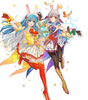 Rule 34 | 2girls, animal ear hairband, animal ears, aqua eyes, aqua hair, attack, bare shoulders, bird, black pantyhose, blue eyes, blue hair, blue shirt, blush, boots, breasts, brown boots, brown gloves, dress, eirika (fire emblem), eirika (spring company) (fire emblem), fake animal ears, fake tail, fingerless gloves, fire emblem, fire emblem: radiant dawn, fire emblem: the sacred stones, fire emblem heroes, flower, gloves, grey hair, hair ribbon, hairband, high heels, highres, holding, kippu, long hair, looking at viewer, micaiah (fire emblem), micaiah (spring company) (fire emblem), multiple girls, neckerchief, nintendo, non-web source, official alternate costume, official art, open mouth, pantyhose, purple neckerchief, purple vest, rabbit ears, rabbit tail, red boots, red gloves, red neckerchief, red shirt, ribbon, shirt, skirt, sleeveless, smile, stuffed animal, stuffed rabbit, stuffed toy, tail, thigh boots, vest, white hairband, white skirt, yellow eyes, yellow vest