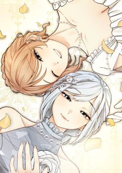 Rule 34 | 2girls, blush, braid, breasts, brooch, brown hair, cleavage, closed mouth, collarbone, commentary request, dress, earrings, flower, flower brooch, frilled dress, frills, grey dress, grey eyes, hair ornament, half-closed eyes, hand on own chest, highres, jewelry, korean commentary, looking at viewer, lying, mochizuki honami, multiple girls, necklace, official alternate costume, official alternate hair length, official alternate hairstyle, on back, one eye closed, parted lips, pearl earrings, pearl hair ornament, pearl necklace, petals, project sekai, raised eyebrows, rose, rotational symmetry, short hair, sidelocks, simple background, single braid, sleeveless, sleeveless dress, smile, swept bangs, teeth, tonari ni tatsu yasashii anata e (project sekai), upper body, white dress, white flower, white hair, white rose, yellow background, yellow petals, yoisaki kanade, yuri, zeoksang