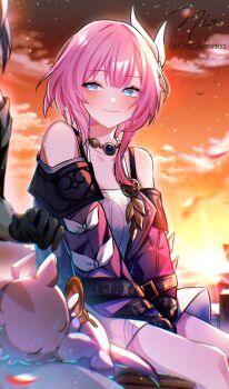 2girls animal animal_on_lap autumn_leaves bare_shoulders blue_eyes breasts chimera_(honkai:_star_rail) coat commentary_request cyrene_(aedes_elysiae)_(honkai:_star_rail) cyrene_(honkai:_star_rail) dress falling_leaves grey_hair hair_ornament honkai:_star_rail honkai_(series) jewelry leaf medium_hair multiple_girls necklace om_rm1101 on_lap orange_sky outdoors parted_lips pink_hair purple_coat revision sitting sky small_breasts stelle_(honkai:_star_rail) trailblazer_(honkai:_star_rail) white_dress