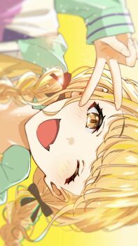 1girl black_ribbon blonde_hair blush braid braided_twintails fang fujita_kotone gakuen_idolmaster green_jacket hair_ribbon hand_up hashtag-only_commentary highres idolmaster jacket lens_flare long_sleeves looking_at_viewer multicolored_jacket one_eye_closed open_mouth orange_eyes portrait ribbon sideways skin_fang solo swept_bangs twin_braids twintails un1rock v v_over_eye white_jacket yellow_background