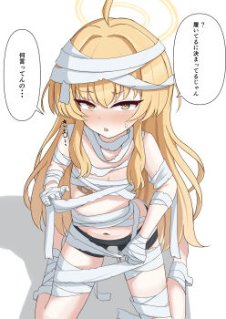 Rule 34 | 1girl, ahoge, bandaged arm, bandaged chest, bandaged hand, bandaged leg, bandages, bandaid, bandaid on breast, barefoot, bike shorts, black shorts, blonde hair, blue archive, blush, breasts, brown eyes, cleavage, commentary, frown, hair between eyes, hair down, hair intakes, halloween costume, halo, highres, kneeling, knees out of frame, long hair, looking at viewer, mummy costume, navel, official alternate costume, official alternate hairstyle, open mouth, peppo-mk3, pink pupils, sanpaku, shorts, sidelocks, simple background, small breasts, solo, speech bubble, sweatdrop, translated, tsurime, upturned eyes, v-shaped eyebrows, very long hair, white background, yellow halo, yoshimi (blue archive), yoshimi (halloween) (blue archive)