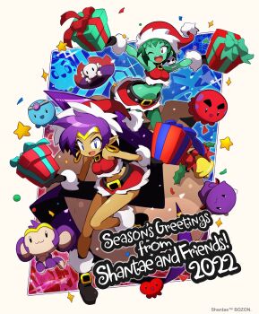 2girls boots christmas colored_skin crop_top dark-skinned_female dark_skin gift green_hair green_skin hat highres long_hair miniskirt monkey multiple_girls official_art one_eye_closed pointy_ears ponytail purple_hair rottytops sakurajyousui_nami santa_costume santa_hat shantae shantae_(series) skirt very_long_hair wink zombie