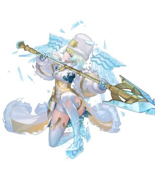 Rule 34 | 1girl, blonde hair, blue eyes, breasts, brooch, cape, capelet, earrings, emblem, fire emblem, fire emblem heroes, fjorm (fire emblem), fjorm (icy miracle) (fire emblem), fur-trimmed cape, fur hat, fur trim, gloves, green eyes, hat, highres, holding, holding polearm, holding weapon, ice, ice skates, ice wings, jewelry, medium breasts, multicolored hair, nintendo, non-web source, official alternate costume, official art, on one knee, parted lips, polearm, short hair, short hair with long locks, skates, solo, thighhighs, torn cape, torn clothes, weapon, white capelet, wings