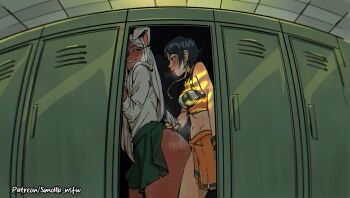 2girls animal_ears artist_name ass biting_own_lip black_hair blush boku_no_hero_academia breasts clothes_lift commentary crop_top cum cum_on_ass cum_on_body dark-skinned_female dark_skin earrings english_commentary futa_with_female futanari heavy_breathing highres implied_sex in_locker jewelry jiro_kyoka locker locker_room long_earlobes long_eyelashes long_hair medium_breasts midriff mirko multiple_girls navel rabbit_ears rabbit_tail red_eyes school_uniform shirt short_hair skirt skirt_lift smollb_nsfw sweat tail thick_thighs thighs u.a._cheerleader_uniform white_hair white_shirt wristband