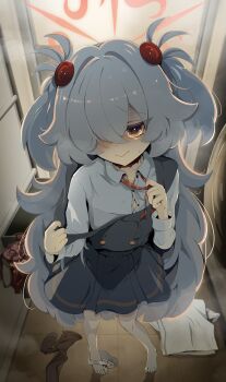 1girl absurdres bathroom blue_archive blush bra brown_eyes brown_halo brown_ribbon closed_mouth collared_shirt diagonal-striped_ribbon dress grey_hair grey_skirt hair_ornament hair_over_one_eye halo highres kanoe_(blue_archive) long_hair long_sleeves looking_at_viewer multicolored_eyes panties pantyhose red_bra rei_hinasuki ribbon scar scar_on_neck shirt skirt smile solo two-tone_eyes two_side_up underwear undressing very_long_hair white_shirt