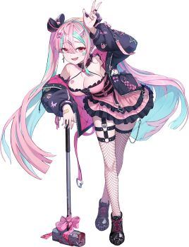 1girl artist_request bandaid blue_hair breasts choker chrono_ark dress earrings fishnet_thighhighs fishnets frilled_dress frills game_cg hair_ornament hammer highres jacket jewelry large_breasts leaning_on_weapon long_hair looking_at_viewer momori_(chrono_ark) multicolored_hair non-web_source official_art open_clothes open_jacket pink_eyes pink_hair shoes single_earring sneakers thighhighs thighs transparent_background twintails two-tone_hair