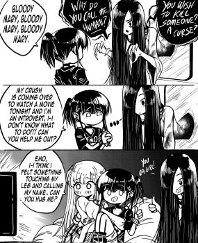 Rule 34 | ..., 3girls, black choker, black hair, boots, bracelet, character request, choker, claws, corrupted twitter file, earrings, emo-girl (grs-), english text, grs-, hair over one eye, highres, hug, jewelry, long hair, long sleeves, medium hair, mirror, multiple girls, no mouth, original, ponytail, pop-girl (grs-), scared, short ponytail, simple background, sitting, skirt, spiked bracelet, spikes, thumbs up, very long hair, white hair, yuri