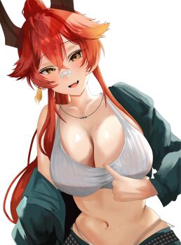 1girl antenna_hair bandaid bandaid_on_face bra breasts cleavage clothes_pull collarbone denim denim_shorts fang goddess_of_victory:_nikke green_jacket highres horns jacket large_breasts long_hair mechanical_horns navel official_alternate_costume open_mouth panties panty_straps ponytail red_hair red_hood_(nikke) red_hood_(retro_days)_(nikke) shorts simple_background skin_fang smile solo stomach tank_top tato0324iti underwear very_long_hair white_background white_bra white_panties white_tank_top yellow_eyes