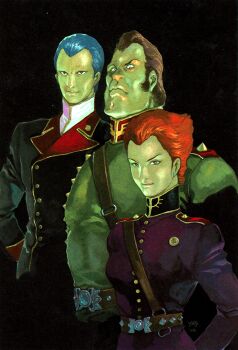 1girl 2boys belt black_background blue_hair brown_hair dozle_zabi gihren_zabi gundam hair_slicked_back highres insignia kycilia_zabi military_uniform multiple_boys non-web_source red_hair sideburns signature yasuhiko_yoshikazu zeon