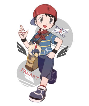Rule 34 | 1boy, backwards hat, black pants, black shoes, blue shirt, brown bag, capri pants, commentary request, crossover, full body, gen 5 pokemon, hat, holding, holding poke ball, male focus, mother (series), mother 1, neckerchief, ninten, nintendo, open mouth, pants, poke ball, premier ball, red neckerchief, rufflet, shirt, shoes, short sleeves, simple background, solo, striped clothes, striped shirt, tanba (tanba-art), wristband